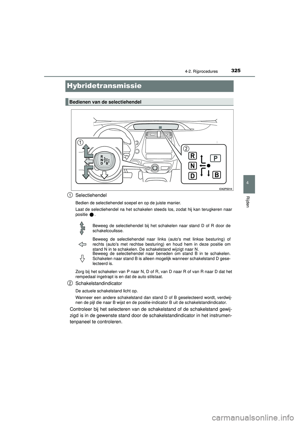 TOYOTA PRIUS 2020  Instructieboekje (in Dutch) 325
4
4-2. Rijprocedures
Rijden
PRIUS_OM_OM47D94E_(EE)
Hybridetransmissie
Selectiehendel
Bedien de selectiehendel soepel en op de juiste manier.
Laat de selectiehendel na het schakelen steeds los, zod