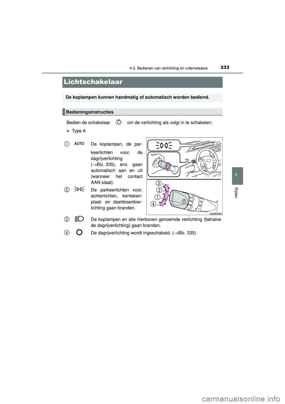 TOYOTA PRIUS 2020  Instructieboekje (in Dutch) 333
4
4-3. Bedienen van verlichting en ruitenwissers
Rijden
PRIUS_OM_OM47D94E_(EE)
Lichtschakelaar
Bedien de schakelaar   om de verlichting als volgt in te schakelen:
Type ADe koplampen, de par-
ke