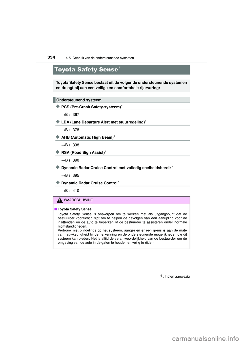 TOYOTA PRIUS 2020 Instructieboekje (in Dutch) 3544-5. Gebruik van de ondersteunende systemen
PRIUS_OM_OM47D94E_(EE)
Toyota Safety Sense∗
◆PCS (Pre-Crash Safety-systeem)∗
→Blz. 367
◆LDA (Lane Departure Alert met stuurregeling)∗
→Blz. TOYOTA PRIUS 2020 Instructieboekje (in Dutch) 3544-5. Gebruik van de ondersteunende systemen
PRIUS_OM_OM47D94E_(EE)
Toyota Safety Sense∗
◆PCS (Pre-Crash Safety-systeem)∗
→Blz. 367
◆LDA (Lane Departure Alert met stuurregeling)∗
→Blz.
