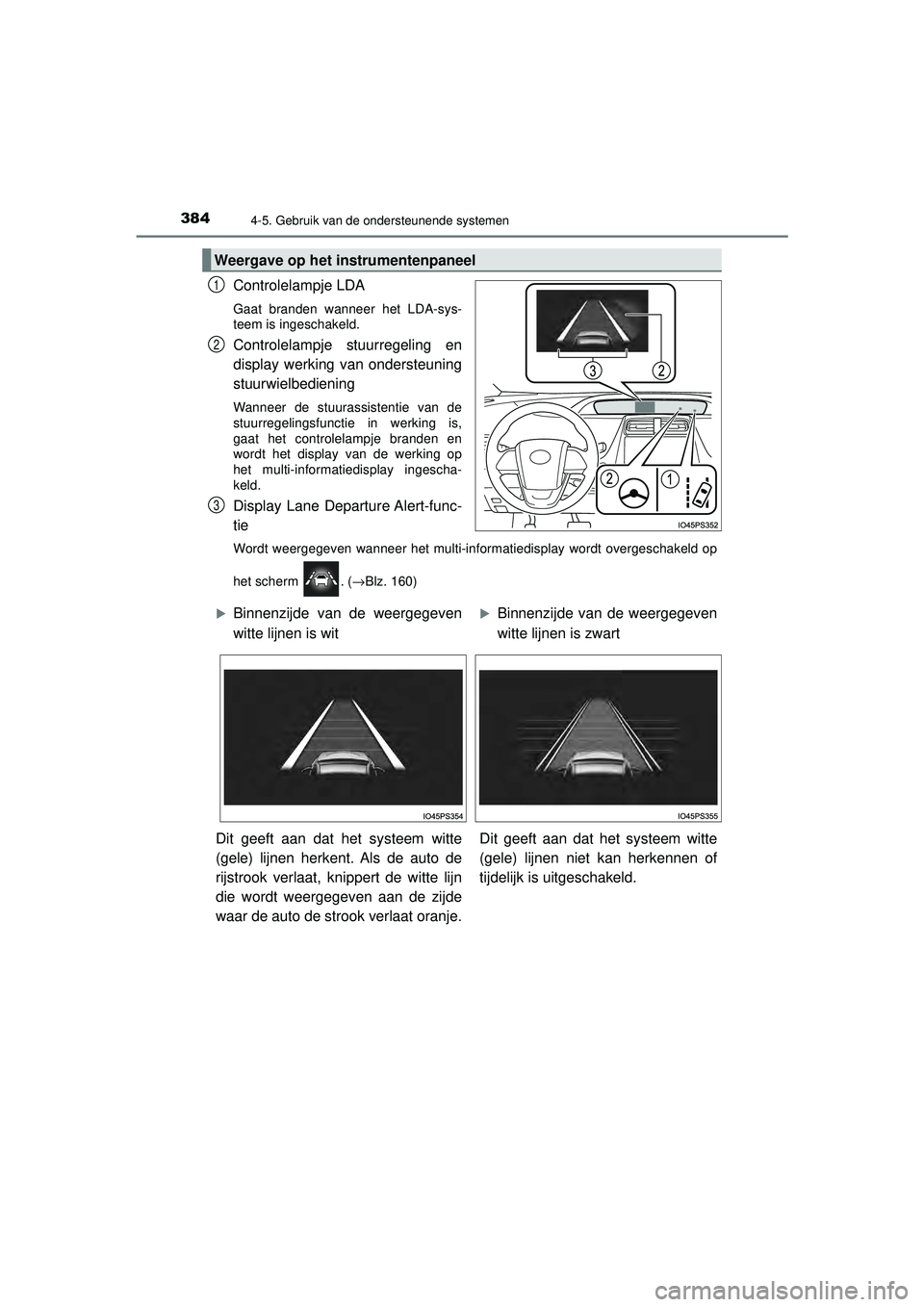 TOYOTA PRIUS 2020  Instructieboekje (in Dutch) 3844-5. Gebruik van de ondersteunende systemen
PRIUS_OM_OM47D94E_(EE)
Controlelampje LDA
Gaat branden wanneer het LDA-sys-
teem is ingeschakeld.
Controlelampje stuurregeling en
display werking van ond