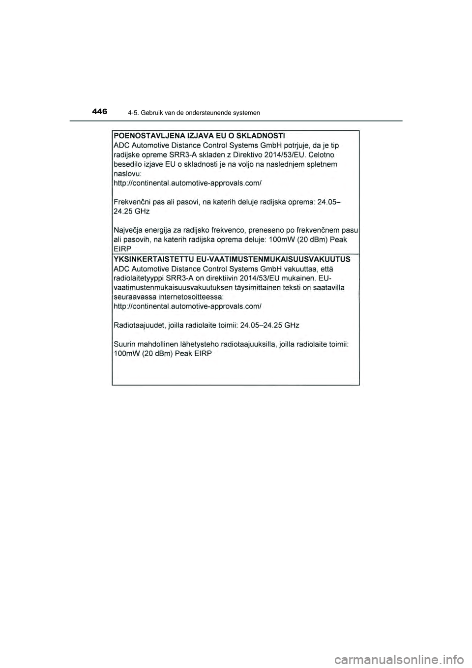 TOYOTA PRIUS 2020  Instructieboekje (in Dutch) 4464-5. Gebruik van de ondersteunende systemen
PRIUS_OM_OM47D94E_(EE)
PRIUS_OM_OM47D94E_(EE).book  Page 446  Monday, February 3, 2020  9:55 AM 