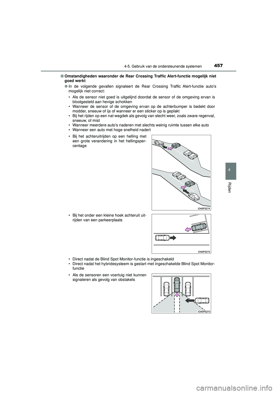 TOYOTA PRIUS 2020 Instructieboekje (in Dutch) 4574-5. Gebruik van de ondersteunende systemen
4
Rijden
PRIUS_OM_OM47D94E_(EE)■
Omstandigheden waaronder de Rear Crossing Traffic Alert-functie mogelijk niet
goed werkt
●In de volgende gevallen si TOYOTA PRIUS 2020 Instructieboekje (in Dutch) 4574-5. Gebruik van de ondersteunende systemen
4
Rijden
PRIUS_OM_OM47D94E_(EE)■
Omstandigheden waaronder de Rear Crossing Traffic Alert-functie mogelijk niet
goed werkt
●In de volgende gevallen si