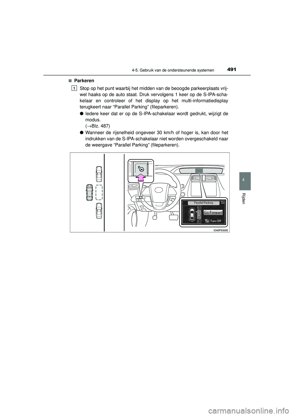 TOYOTA PRIUS 2020  Instructieboekje (in Dutch) 4914-5. Gebruik van de ondersteunende systemen
4
Rijden
PRIUS_OM_OM47D94E_(EE)■
Parkeren
Stop op het punt waarbij het midden van de beoogde parkeerplaats vrij-
wel haaks op de auto staat. Druk vervo