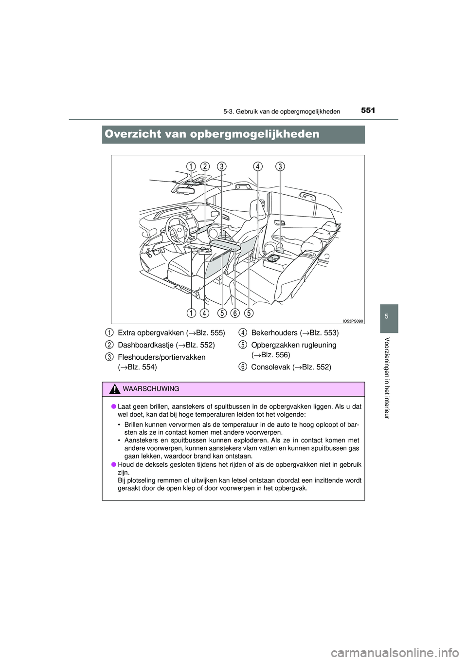 TOYOTA PRIUS 2020  Instructieboekje (in Dutch) 5515-3. Gebruik van de opbergmogelijkheden
PRIUS_OM_OM47D94E_(EE)
5
Voorzieningen in het interieur
Overzicht van opbergmogelijkheden
Extra opbergvakken (→Blz. 555)
Dashboardkastje ( →Blz. 552)
Fle