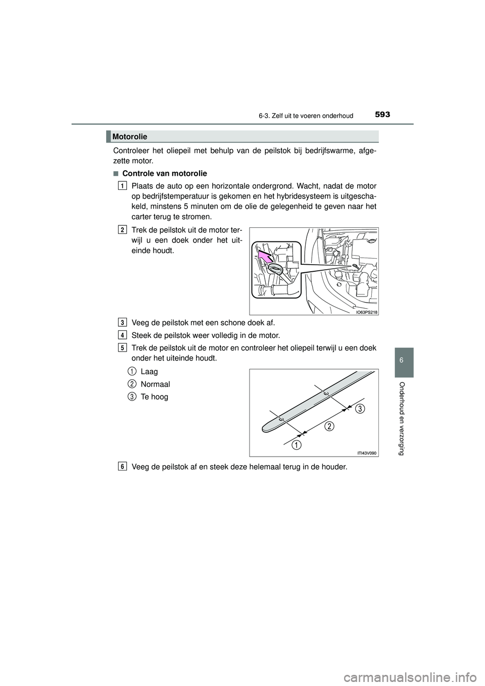 TOYOTA PRIUS 2020  Instructieboekje (in Dutch) 5936-3. Zelf uit te voeren onderhoud
PRIUS_OM_OM47D94E_(EE)
6
Onderhoud en verzorging
Controleer het oliepeil met behulp van de peilstok bij bedrijfswarme, afge-
zette motor.
■Controle van motorolie