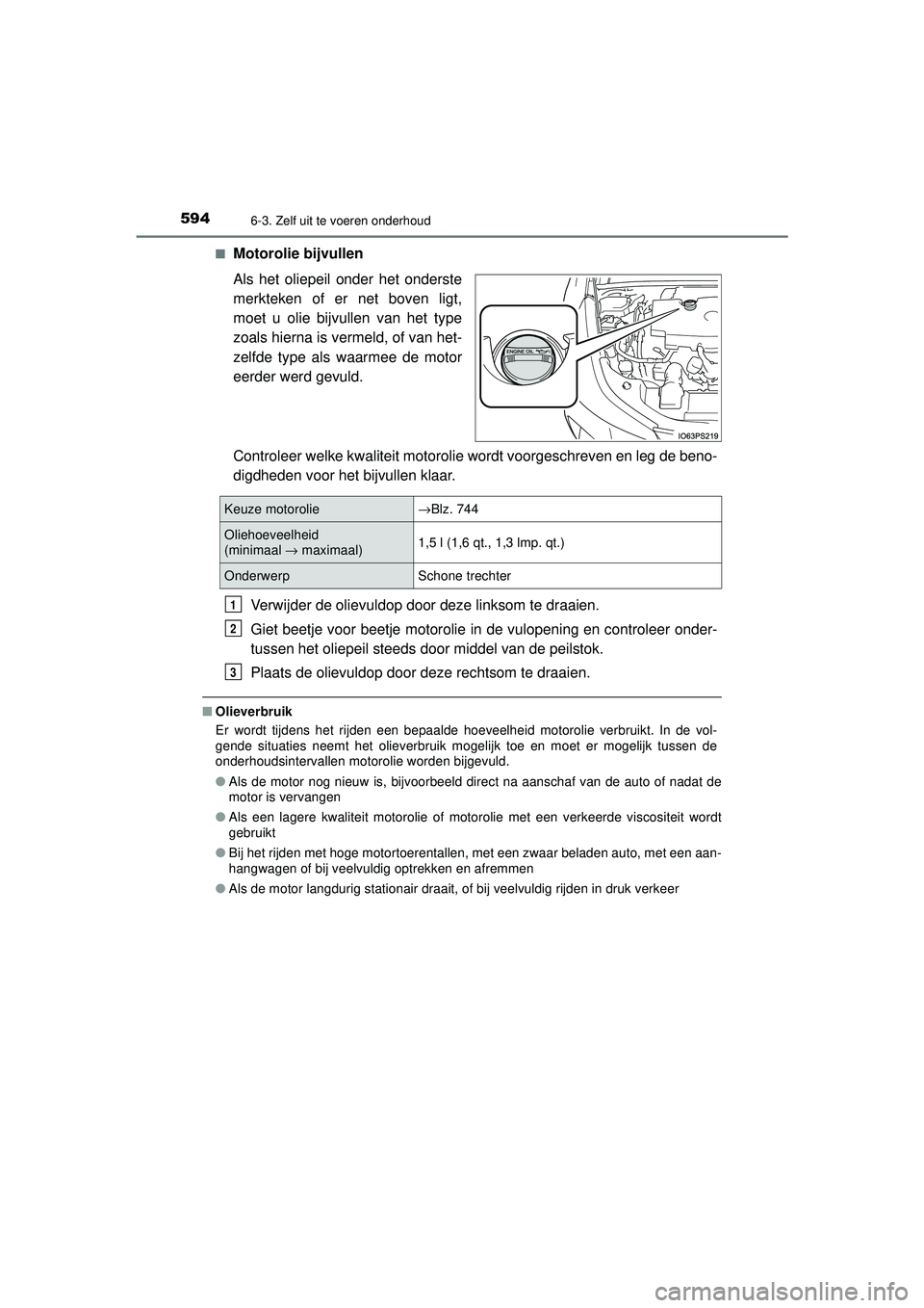 TOYOTA PRIUS 2020  Instructieboekje (in Dutch) 5946-3. Zelf uit te voeren onderhoud
PRIUS_OM_OM47D94E_(EE)■
Motorolie bijvullen
Als het oliepeil onder het onderste
merkteken of er net boven ligt,
moet u olie bijvullen van het type
zoals hierna i