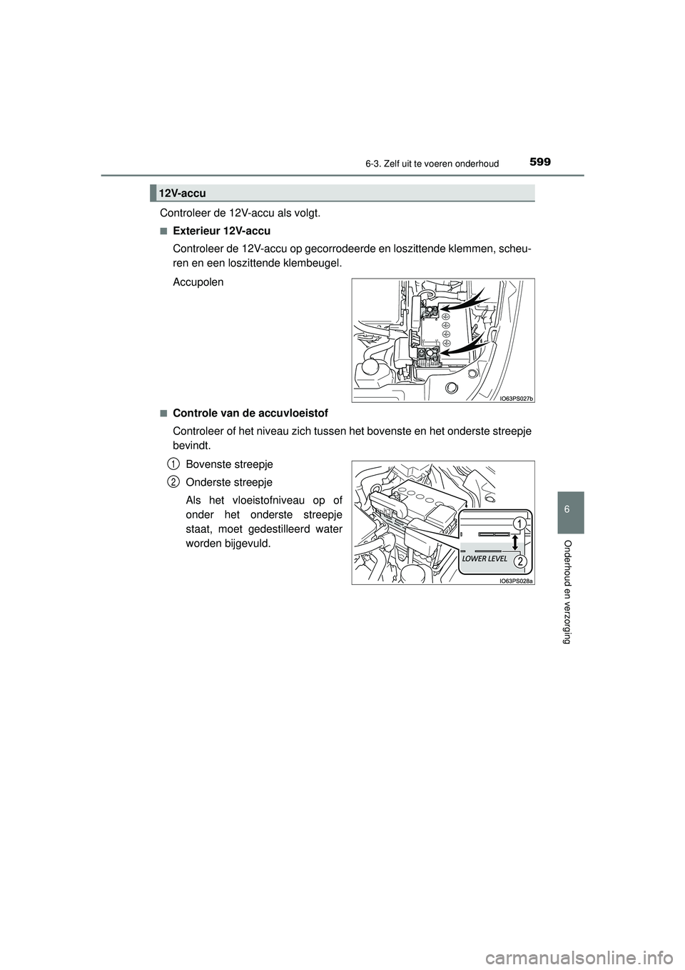 TOYOTA PRIUS 2020  Instructieboekje (in Dutch) 5996-3. Zelf uit te voeren onderhoud
PRIUS_OM_OM47D94E_(EE)
6
Onderhoud en verzorging
Controleer de 12V-accu als volgt.
■Exterieur 12V-accu
Controleer de 12V-accu op gecorrodeerde en loszittende kle