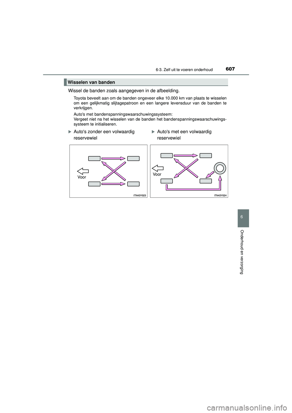 TOYOTA PRIUS 2020  Instructieboekje (in Dutch) 6076-3. Zelf uit te voeren onderhoud
PRIUS_OM_OM47D94E_(EE)
6
Onderhoud en verzorging
Wissel de banden zoals aangegeven in de afbeelding.
Toyota beveelt aan om de banden ongeveer elke 10.000 km van pl