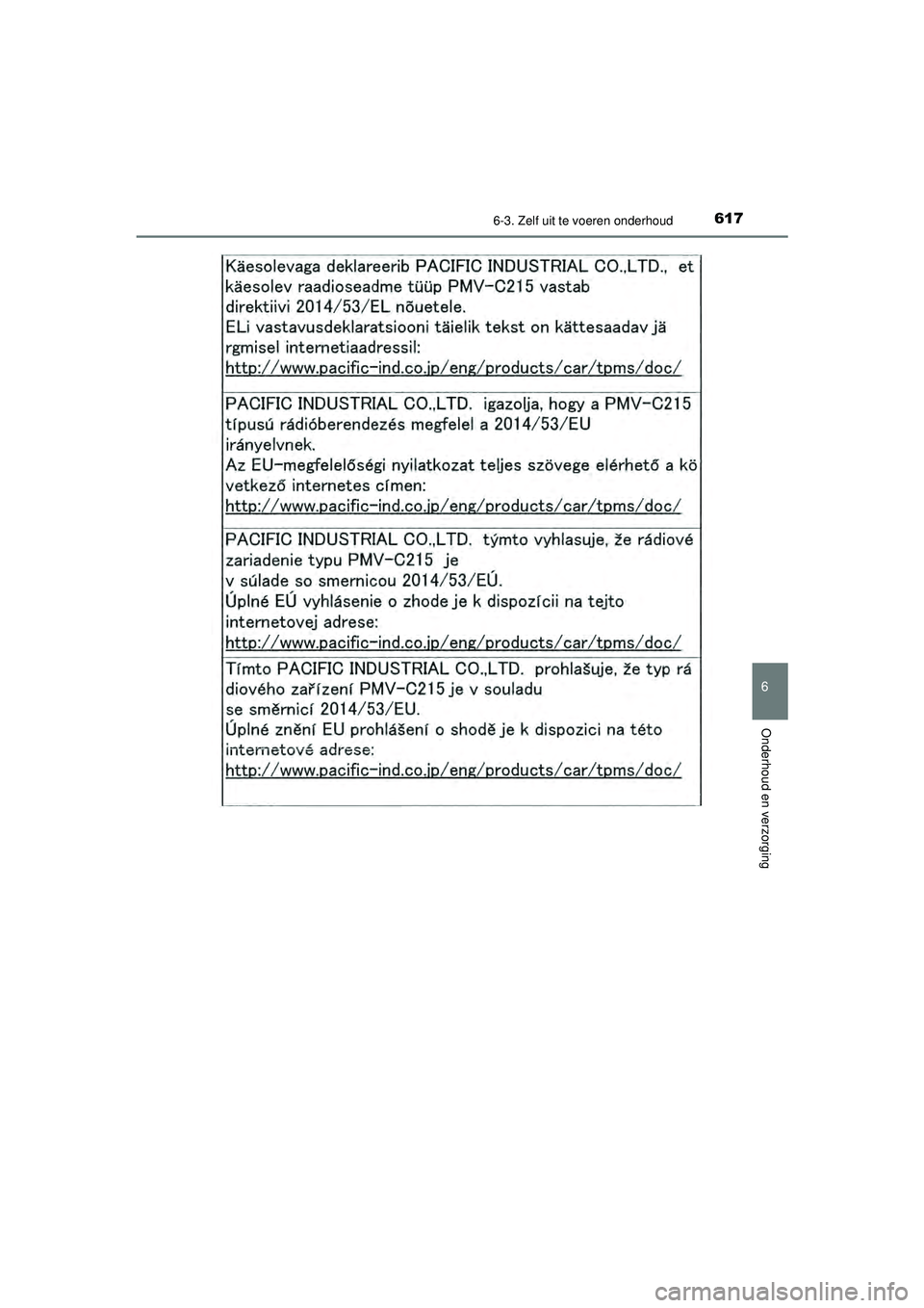 TOYOTA PRIUS 2020  Instructieboekje (in Dutch) 6176-3. Zelf uit te voeren onderhoud
PRIUS_OM_OM47D94E_(EE)
6
Onderhoud en verzorging
PRIUS_OM_OM47D94E_(EE).book  Page 617  Monday, February 3, 2020  9:55 AM 