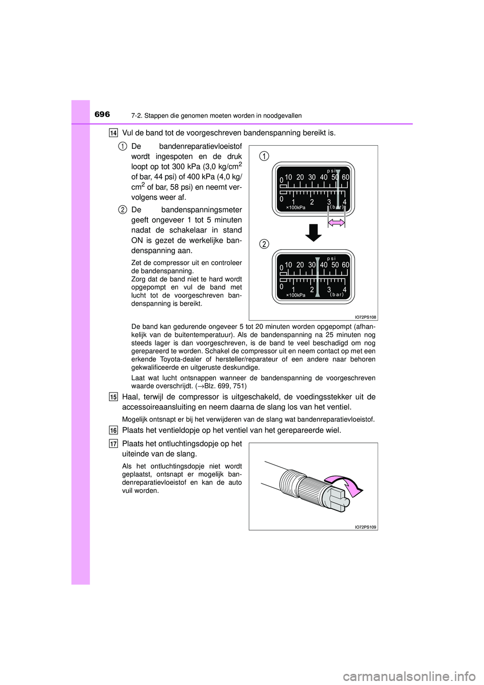 TOYOTA PRIUS 2020 Instructieboekje (in Dutch) 6967-2. Stappen die genomen moeten worden in noodgevallen
PRIUS_OM_OM47D94E_(EE)
Vul de band tot de voorgeschreven bandenspanning bereikt is.De bandenreparatievloeistof
wordt ingespoten en de druk
loo TOYOTA PRIUS 2020 Instructieboekje (in Dutch) 6967-2. Stappen die genomen moeten worden in noodgevallen
PRIUS_OM_OM47D94E_(EE)
Vul de band tot de voorgeschreven bandenspanning bereikt is.De bandenreparatievloeistof
wordt ingespoten en de druk
loo