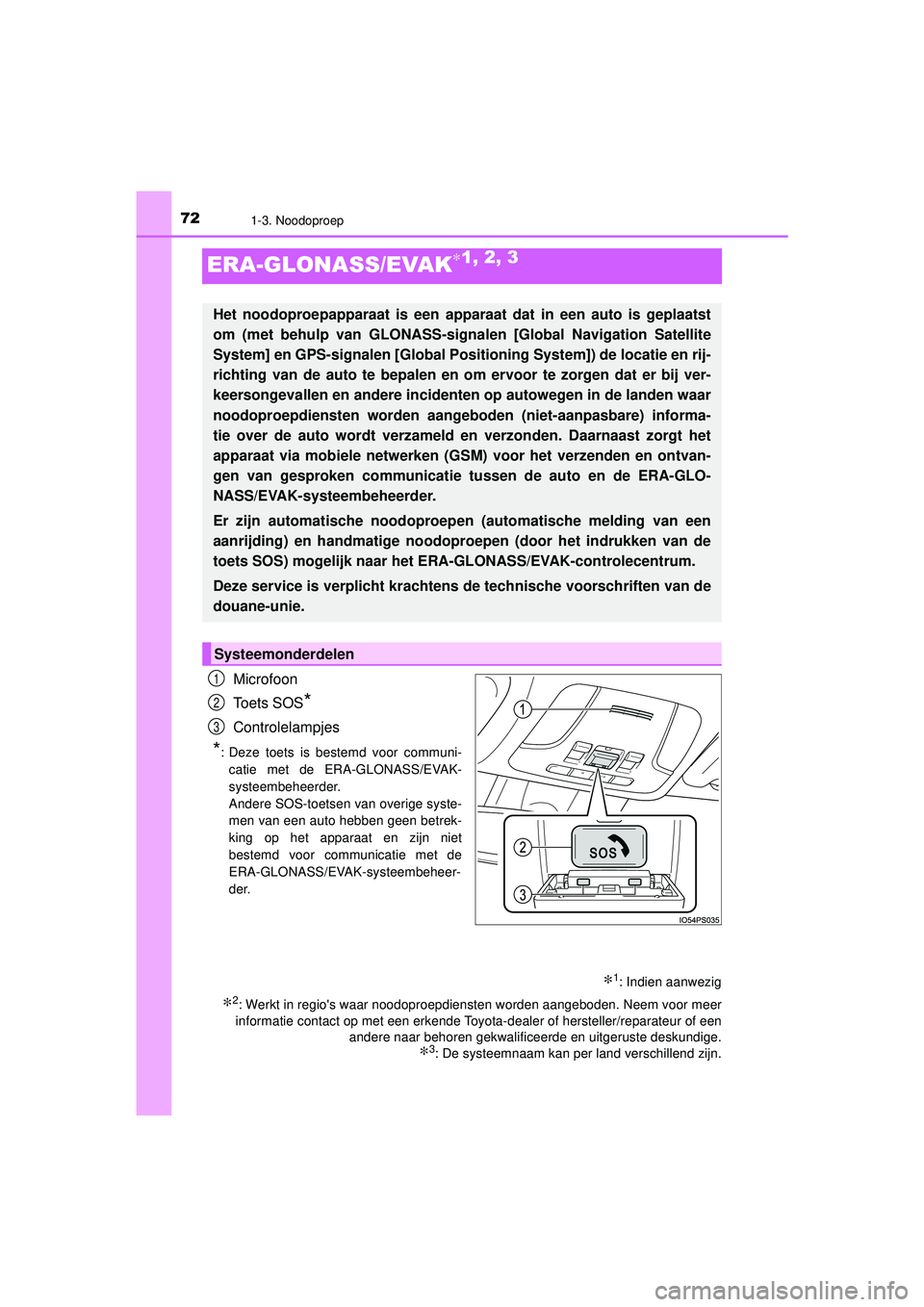 TOYOTA PRIUS 2020  Instructieboekje (in Dutch) 721-3. Noodoproep
PRIUS_OM_OM47D94E_(EE)
ERA-GLONASS/EVAK∗1, 2, 3
Microfoon
Toets SOS
*
Controlelampjes
*: Deze toets is bestemd voor communi-catie met de ERA-GLONASS/EVAK-
systeembeheerder.
Andere 