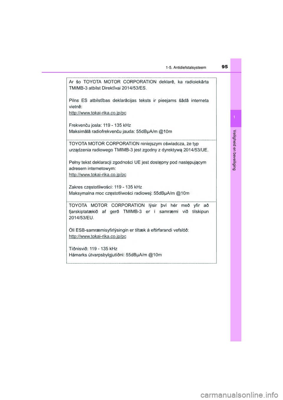 TOYOTA PRIUS 2020  Instructieboekje (in Dutch) 951-5. Antidiefstalsysteem
1
PRIUS_OM_OM47D94E_(EE)
Veiligheid en beveiliging
PRIUS_OM_OM47D94E_(EE).book  Page 95   Monday, February 3, 2020  9:55 AM 
