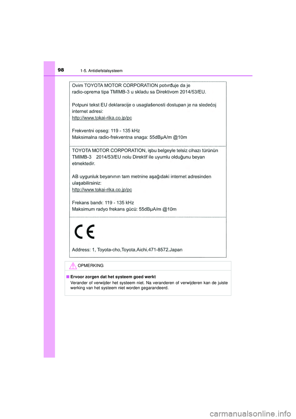 TOYOTA PRIUS 2020  Instructieboekje (in Dutch) 981-5. Antidiefstalsysteem
PRIUS_OM_OM47D94E_(EE)
OPMERKING
■Ervoor zorgen dat he t systeem goed werkt
Verander of verwijder het systeem niet.  Na veranderen of verwijderen kan de juiste
werking van