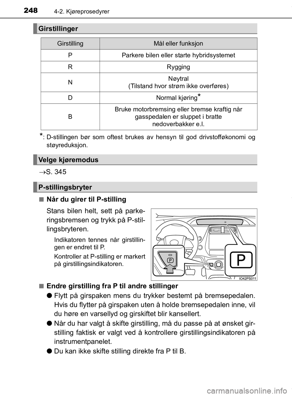 TOYOTA PRIUS 2020  Instruksjoner for bruk (in Norwegian) 2484-2. Kjøreprosedyrer
OM47D46NO
*: D-stillingen bør som oftest brukes av hensyn til god drivstofføkonomi ogstøyreduksjon.
 S. 345
nNår du girer til P-stilling
Stans bilen helt, sett på park