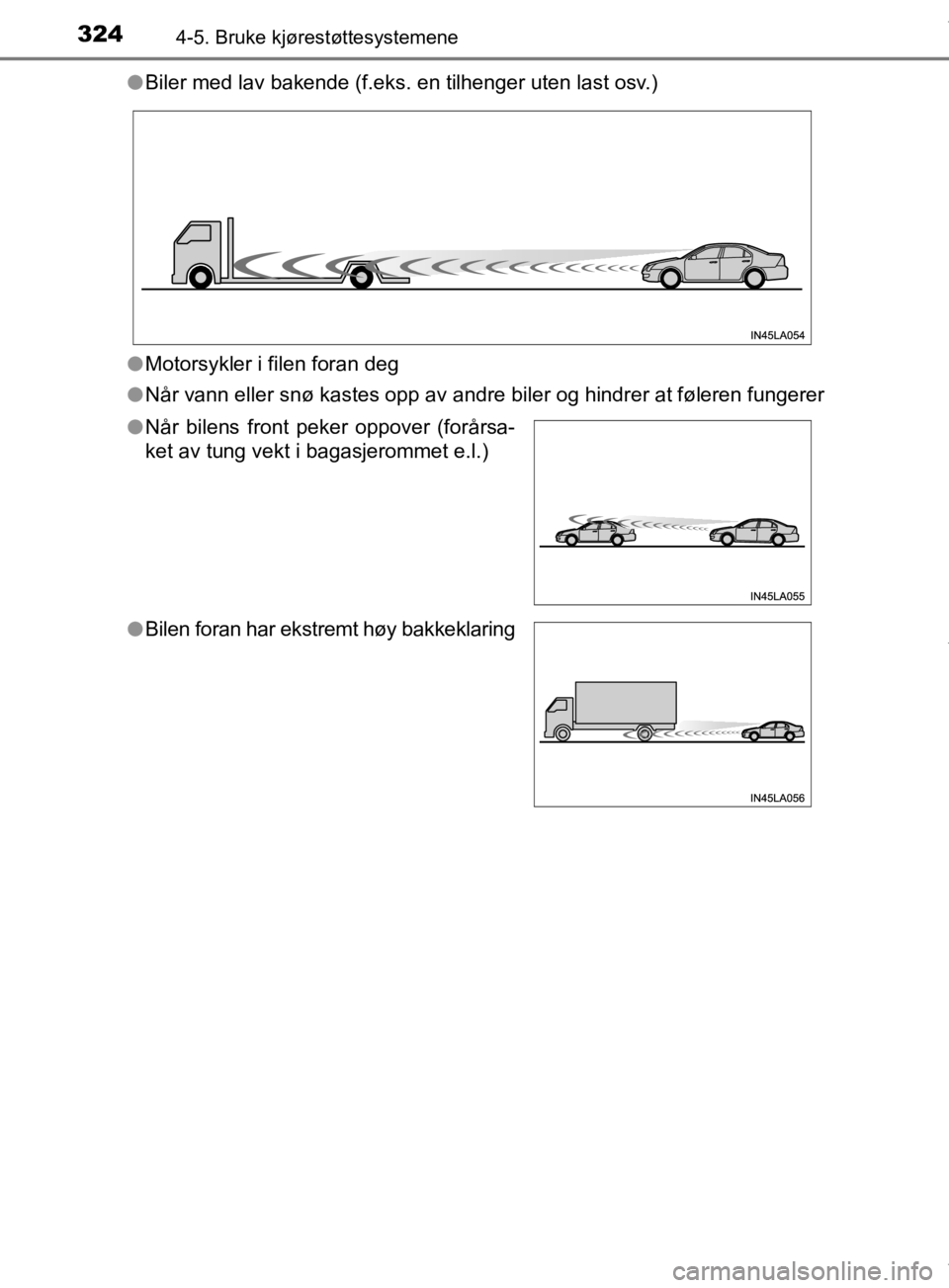 TOYOTA PRIUS 2020  Instruksjoner for bruk (in Norwegian) 3244-5. Bruke kjørestøttesystemene
OM47D46NOl
Biler med lav bakende (f.eks. en tilhenger uten last osv.)
l Motorsykler i filen foran deg
l Når vann eller snø kastes opp av andre biler og hindrer a