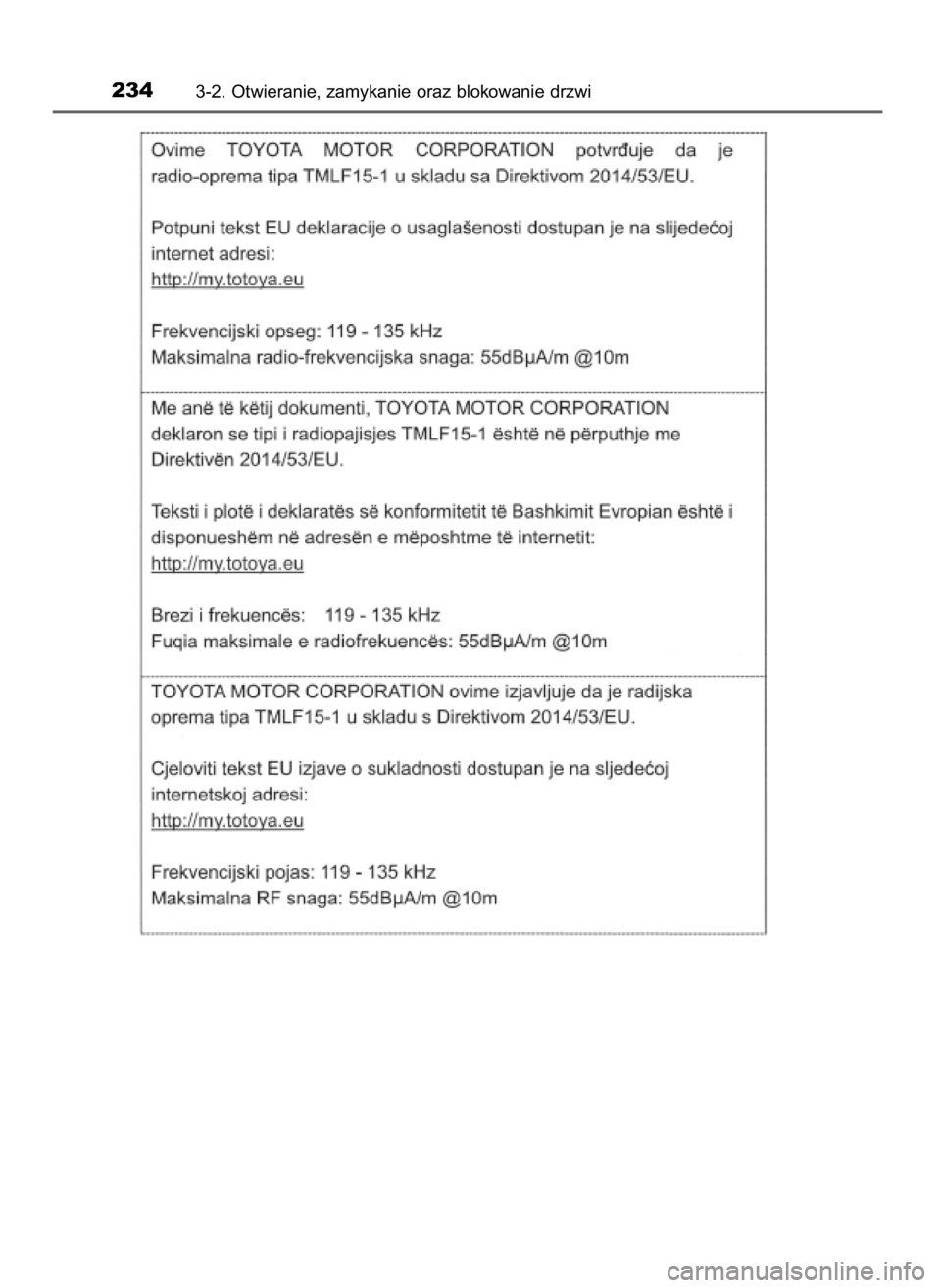 TOYOTA PRIUS 2020  Instrukcja obsługi (in Polish) 2343-2. Otwieranie, zamykanie oraz blokowanie drzwi
30 PRIUS OM47D46E  7/8/19  10:34  Page 234    (Black plate) 