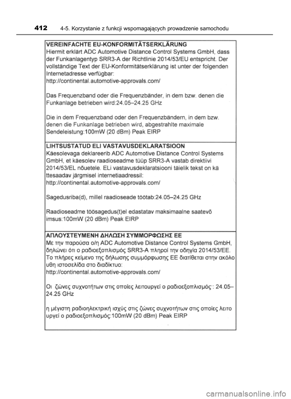 TOYOTA PRIUS 2020  Instrukcja obsługi (in Polish) 4124-5. Korzystanie z funkcji wspomagajàcych prowadzenie samochodu
30 PRIUS OM47D46E  7/8/19  10:34  Page 412    (Black plate) 