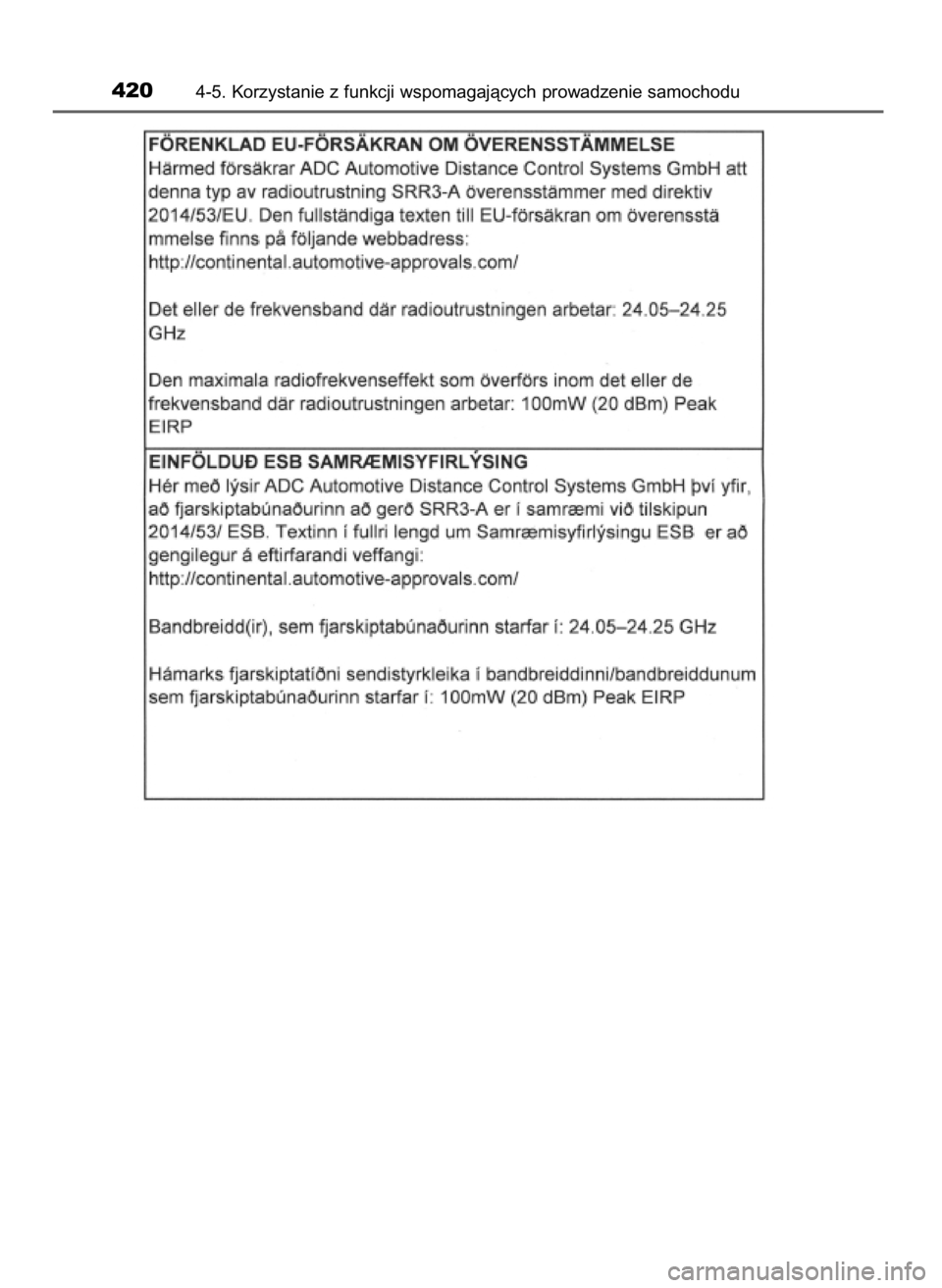 TOYOTA PRIUS 2020  Instrukcja obsługi (in Polish) 4204-5. Korzystanie z funkcji wspomagajàcych prowadzenie samochodu
30 PRIUS OM47D46E  7/8/19  10:35  Page 420    (Black plate) 