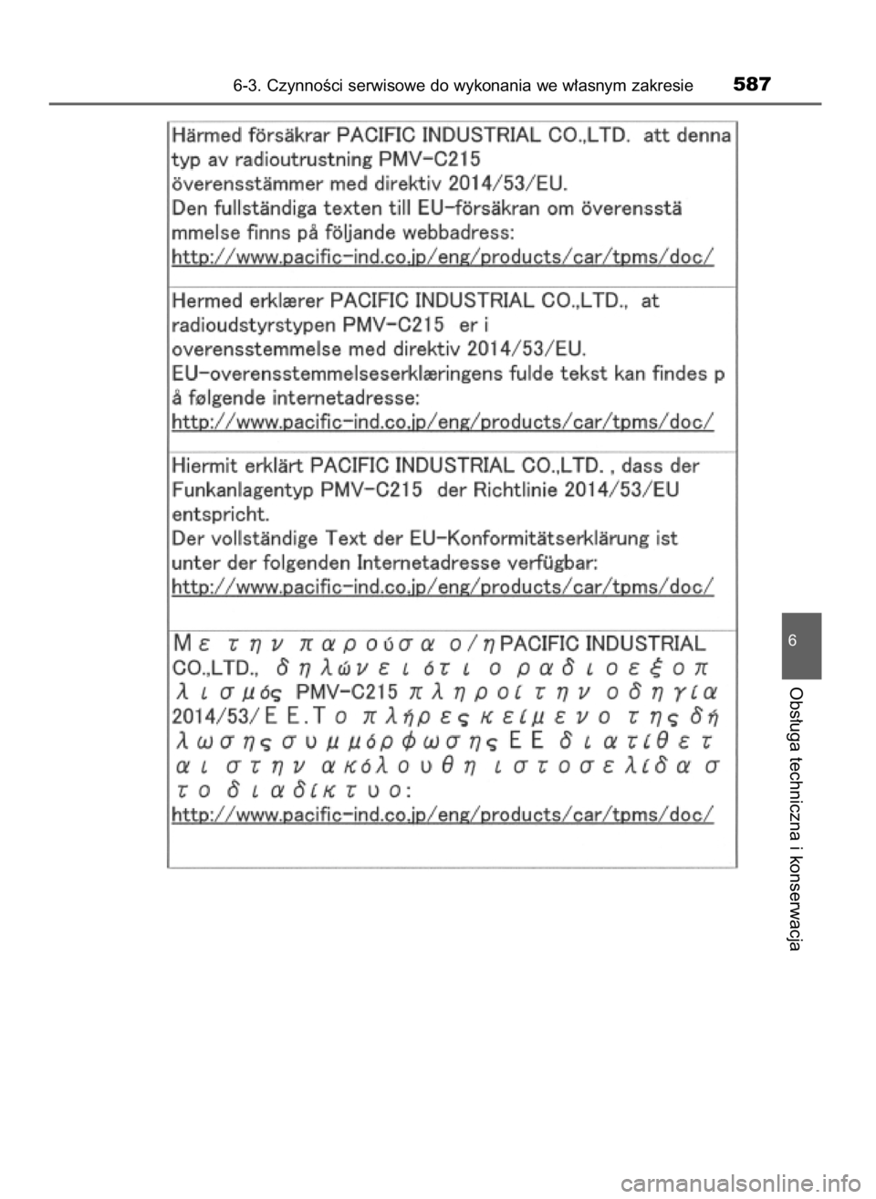 TOYOTA PRIUS 2020  Instrukcja obsługi (in Polish) 6-3. CzynnoÊci serwisowe do wykonania we w∏asnym zakresie587
6
Obs∏uga techniczna i konserwacja
30 PRIUS OM47D46E  7/8/19  10:35  Page 587    (Black plate) 