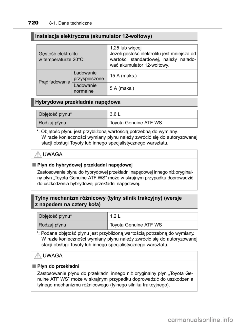 TOYOTA PRIUS 2020  Instrukcja obsługi (in Polish) *: Obj´toÊç p∏ynu jest przybli˝onà war toÊcià potrzebnà do wymiany.
W razie koniecznoÊci wymiany p∏ynu nale˝y zwróciç si´ do autoryzowanej
stacji obs∏ugi Toyoty lub innego specjalis