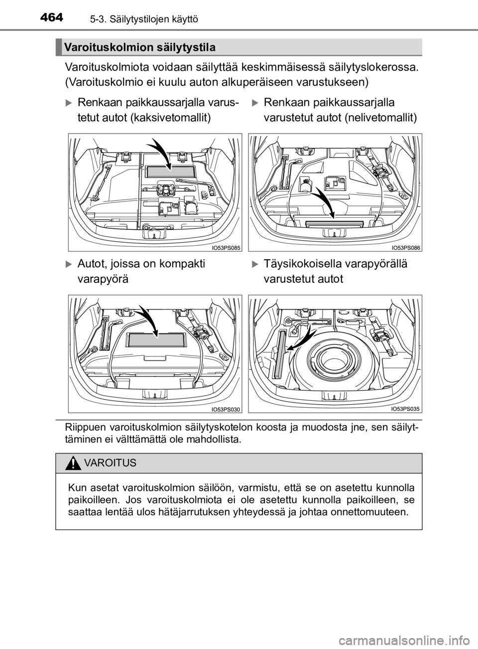 TOYOTA PRIUS 2020  Omistajan Käsikirja (in Finnish) 4645-3. Säilytystilojen käyttö
OM47D46FI
Varoituskolmiota voidaan säilyttää keskimmäisessä säilytyslokerossa.
(Varoituskolmio ei kuulu auton alkuperäiseen varustukseen)
Riippuen varoituskolm