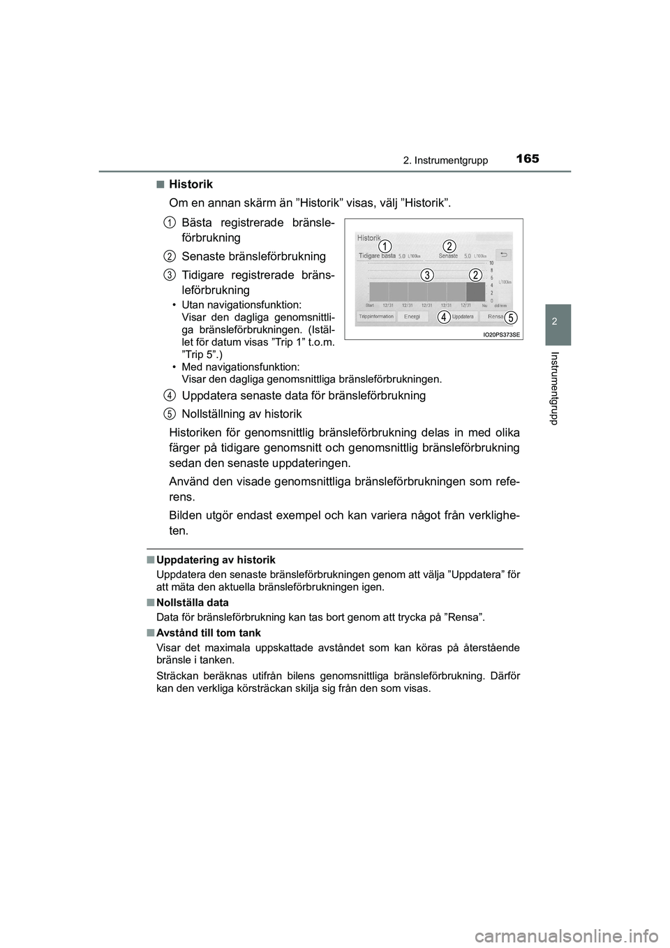 TOYOTA PRIUS 2020  Bruksanvisningar (in Swedish) 1652. Instrumentgrupp
2
Instrumentgrupp
PRIUS_OM_OM47B91E_(EE)n
Historik
Om en annan skärm än ”Historik” visas, välj ”Historik”.
Bästa registrerade bränsle-
förbrukning
Senaste bränslef
