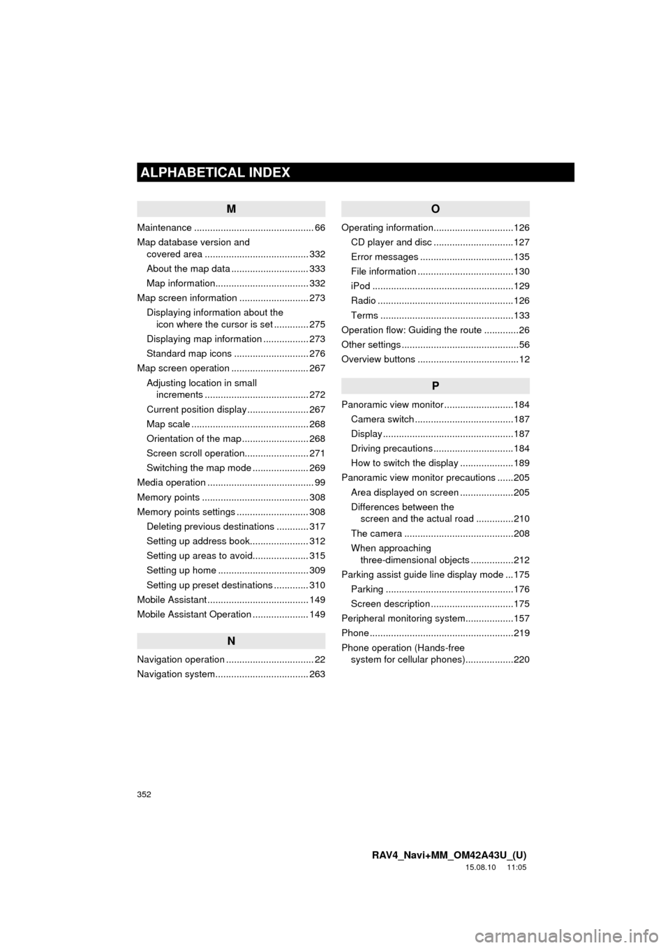 TOYOTA RAV4 2016 XA40 / 4.G Navigation Manual 352
ALPHABETICAL INDEX
RAV4_Navi+MM_OM42A43U_(U)
15.08.10     11:05
M
Maintenance ............................................. 66
Map database version and covered area ...............................