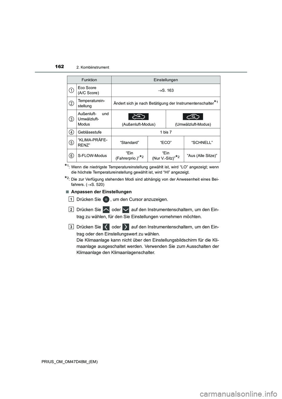 TOYOTA PRIUS 2019 Betriebsanleitungen (in German) 1622. Kombiinstrument
PRIUS_OM_OM47D48M_(EM)
*1: Wenn die niedrigste Temperatureinstellung gewählt ist, wird “LO” angezeigt; wenn
die höchste Temperatureinstellung gewählt ist, wird “HI” an TOYOTA PRIUS 2019 Betriebsanleitungen (in German) 1622. Kombiinstrument
PRIUS_OM_OM47D48M_(EM)
*1: Wenn die niedrigste Temperatureinstellung gewählt ist, wird “LO” angezeigt; wenn
die höchste Temperatureinstellung gewählt ist, wird “HI” an