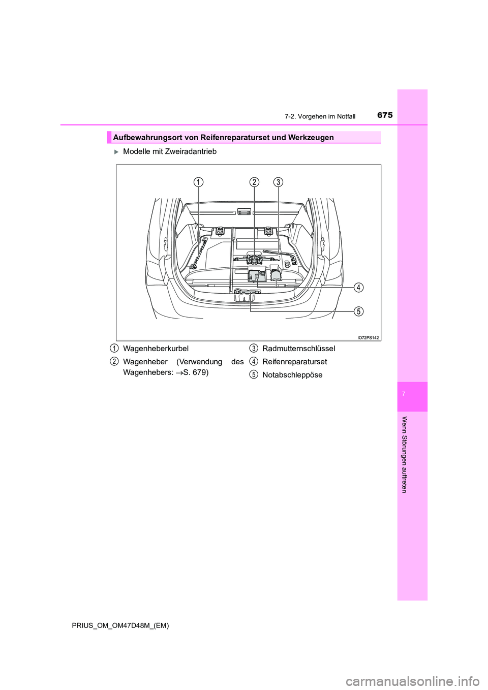 TOYOTA PRIUS 2019  Betriebsanleitungen (in German) 6757-2. Vorgehen im Notfall
PRIUS_OM_OM47D48M_(EM)
7
Wenn Störungen auftreten
Modelle mit Zweiradantrieb
Aufbewahrungsort von Reifenreparaturset und Werkzeugen
Wagenheberkurbel 
Wagenheber (Verwen