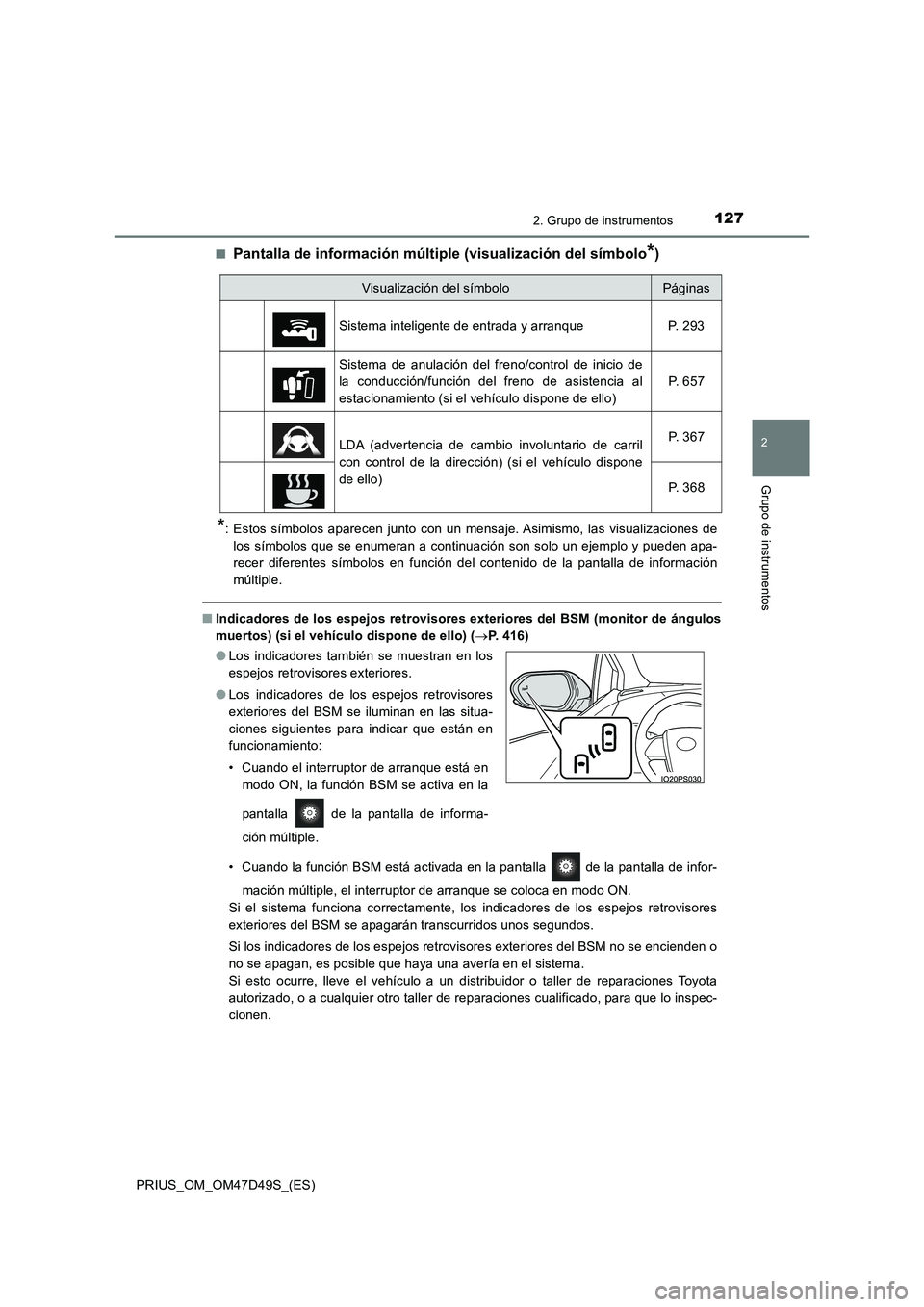 TOYOTA PRIUS 2019  Manual del propietario (in Spanish) 1272. Grupo de instrumentos
2
Grupo de instrumentos
PRIUS_OM_OM47D49S_(ES)■
Pantalla de información múltiple (visualización del símbolo*)
*: Estos símbolos aparecen junto con un mensaje. Asimis