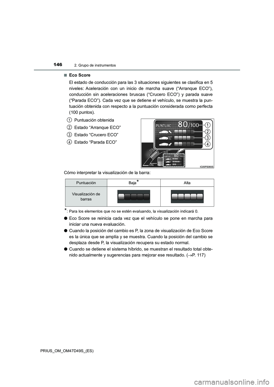 TOYOTA PRIUS 2019 Manual del propietario (in Spanish) 1462. Grupo de instrumentos
PRIUS_OM_OM47D49S_(ES)■
Eco Score
El estado de conducción para las 3 situaciones siguientes se clasifica en 5
niveles: Aceleración con un inicio de marcha suave (“Arr TOYOTA PRIUS 2019 Manual del propietario (in Spanish) 1462. Grupo de instrumentos
PRIUS_OM_OM47D49S_(ES)■
Eco Score
El estado de conducción para las 3 situaciones siguientes se clasifica en 5
niveles: Aceleración con un inicio de marcha suave (“Arr