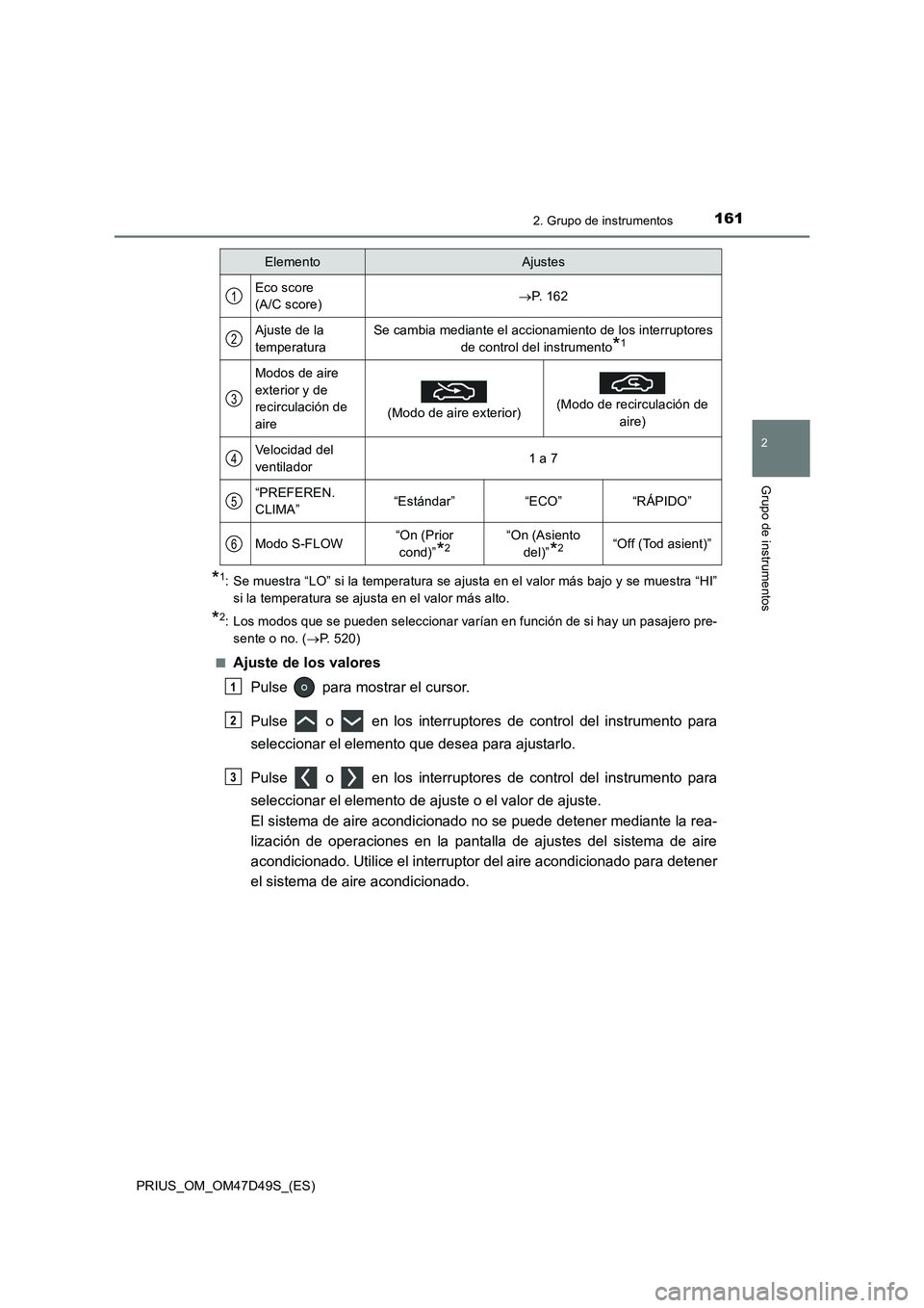 TOYOTA PRIUS 2019 Manual del propietario (in Spanish) 1612. Grupo de instrumentos
2
Grupo de instrumentos
PRIUS_OM_OM47D49S_(ES)
*1: Se muestra “LO” si la temperatura se ajusta en el valor más bajo y se muestra “HI”
si la temperatura se ajusta e TOYOTA PRIUS 2019 Manual del propietario (in Spanish) 1612. Grupo de instrumentos
2
Grupo de instrumentos
PRIUS_OM_OM47D49S_(ES)
*1: Se muestra “LO” si la temperatura se ajusta en el valor más bajo y se muestra “HI”
si la temperatura se ajusta e