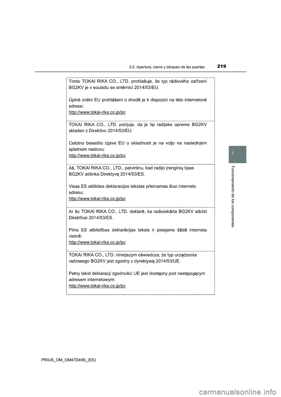 TOYOTA PRIUS 2019  Manual del propietario (in Spanish) 2193-2. Apertura, cierre y bloqueo de las puertas
3
Funcionamiento de los componentes
PRIUS_OM_OM47D49S_(ES) 