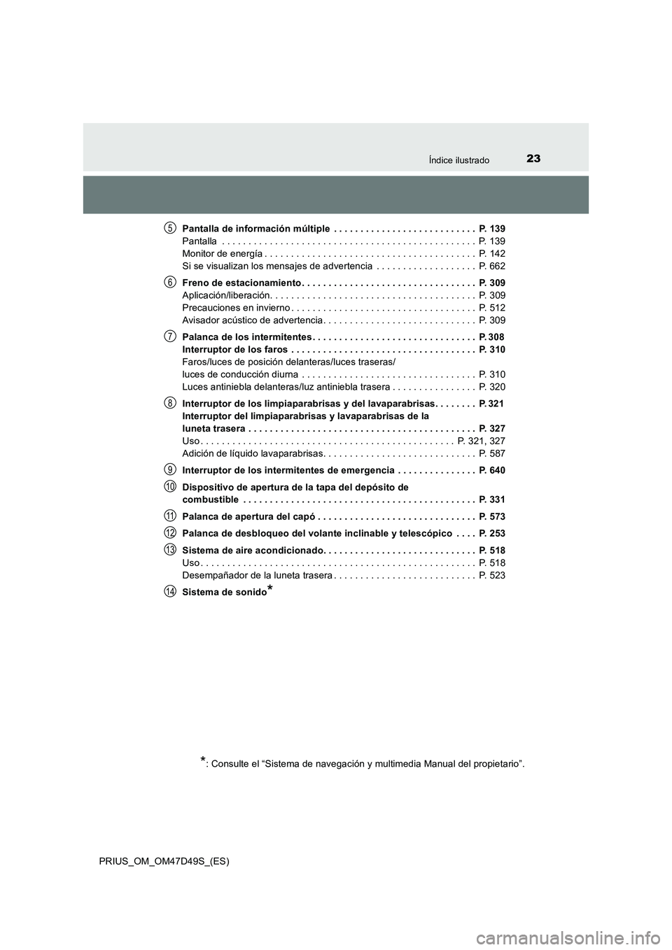 TOYOTA PRIUS 2019  Manual del propietario (in Spanish) 23Índice ilustrado
PRIUS_OM_OM47D49S_(ES)Pantalla de información múltiple  . . . . . . . . . . . . . . . . . . . . . . . . . . .  P. 139
Pantalla  . . . . . . . . . . . . . . . . . . . . . . . . . 