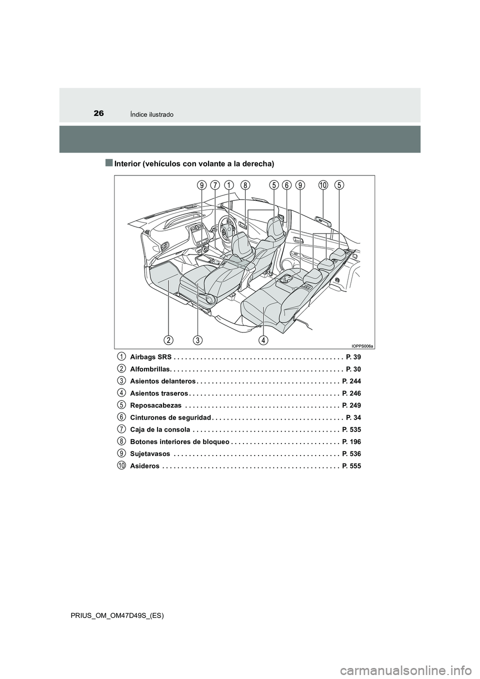 TOYOTA PRIUS 2019 Manual del propietario (in Spanish) 26Índice ilustrado
PRIUS_OM_OM47D49S_(ES)
■Interior (vehículos con volante a la derecha)
Airbags SRS . . . . . . . . . . . . . . . . . . . . . . . . . . . . . . . . . . . . . . . . . . . . . P. 3 TOYOTA PRIUS 2019 Manual del propietario (in Spanish) 26Índice ilustrado
PRIUS_OM_OM47D49S_(ES)
■Interior (vehículos con volante a la derecha)
Airbags SRS . . . . . . . . . . . . . . . . . . . . . . . . . . . . . . . . . . . . . . . . . . . . . P. 3