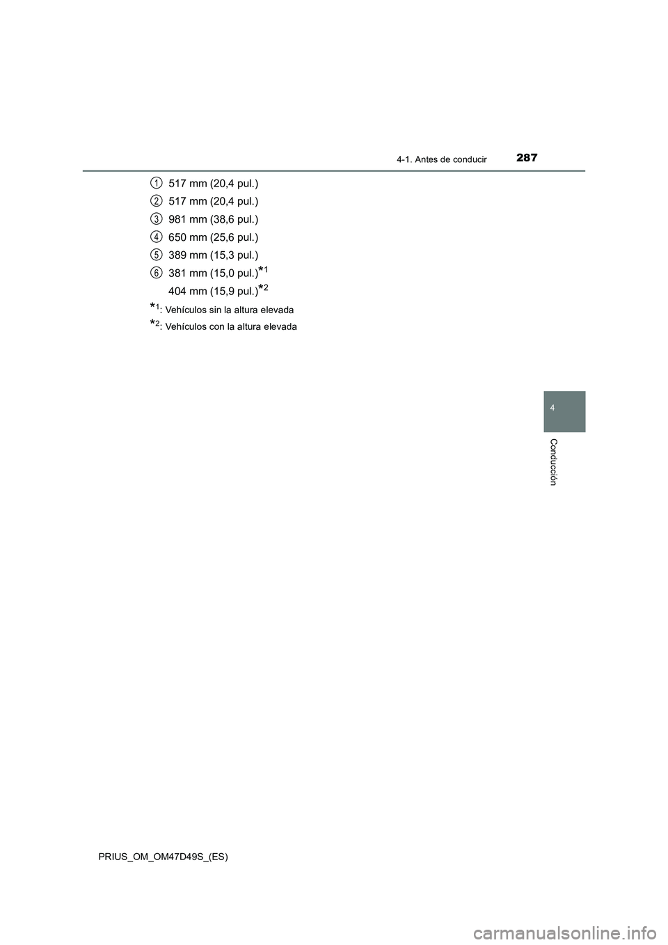 TOYOTA PRIUS 2019  Manual del propietario (in Spanish) 2874-1. Antes de conducir
4
Conducción
PRIUS_OM_OM47D49S_(ES)
517 mm (20,4 pul.)
517 mm (20,4 pul.)
981 mm (38,6 pul.)
650 mm (25,6 pul.)
389 mm (15,3 pul.)
381 mm (15,0 pul.)
*1
404 mm (15,9 pul.)*2