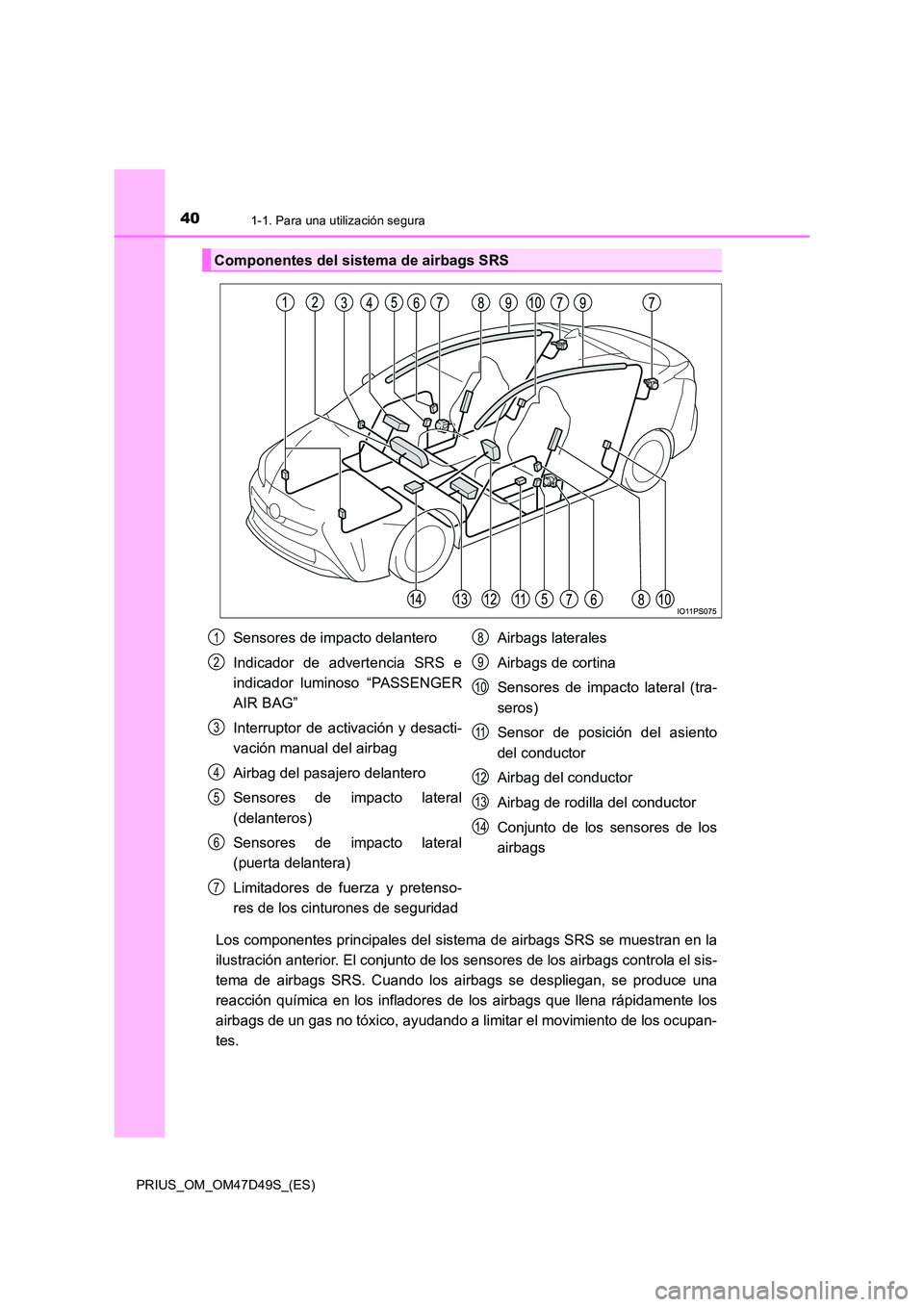TOYOTA PRIUS 2019 Manual del propietario (in Spanish) 401-1. Para una utilización segura
PRIUS_OM_OM47D49S_(ES)
Los componentes principales del sistema de airbags SRS se muestran en la
ilustración anterior. El conjunto de los sensores de los airbags c TOYOTA PRIUS 2019 Manual del propietario (in Spanish) 401-1. Para una utilización segura
PRIUS_OM_OM47D49S_(ES)
Los componentes principales del sistema de airbags SRS se muestran en la
ilustración anterior. El conjunto de los sensores de los airbags c