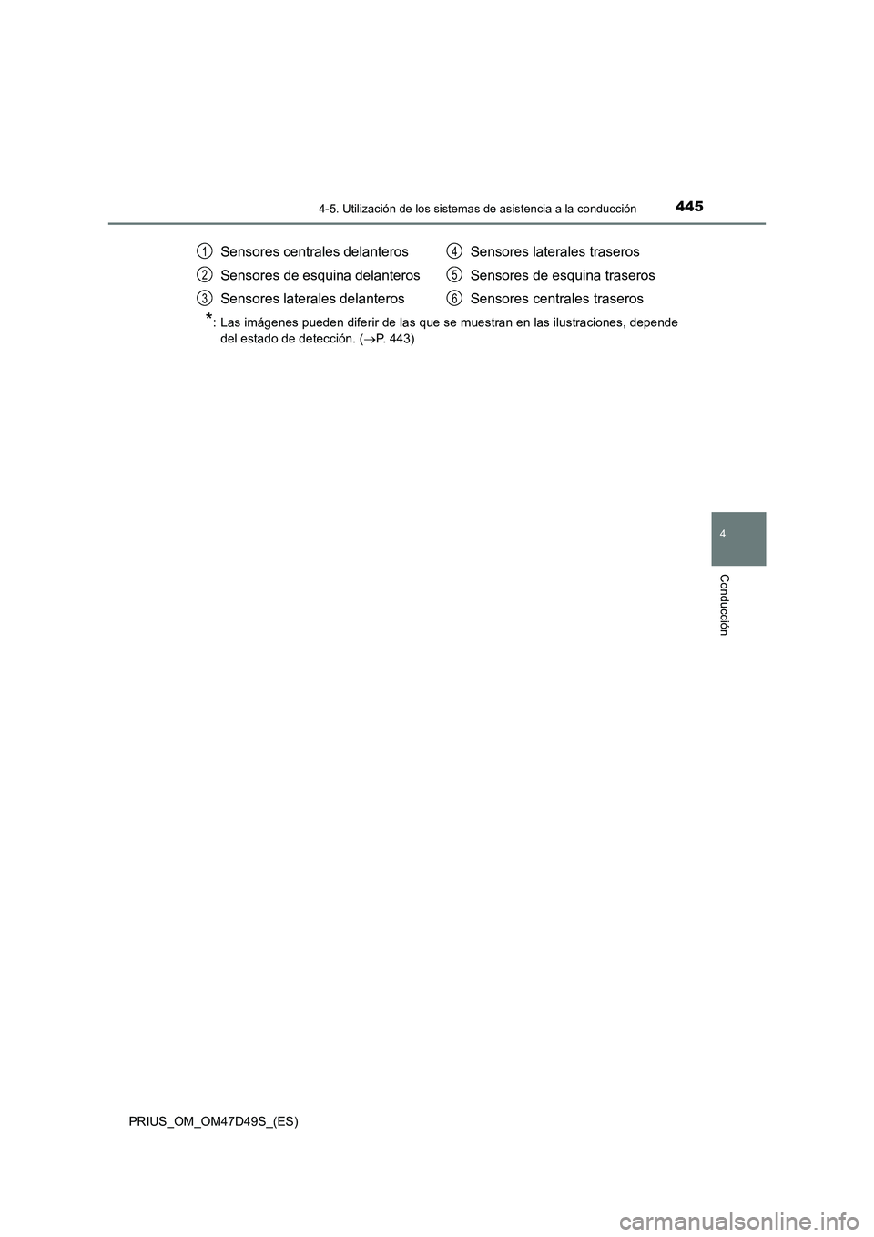 TOYOTA PRIUS 2019  Manual del propietario (in Spanish) 4454-5. Utilización de los sistemas de asistencia a la conducción
4
Conducción
PRIUS_OM_OM47D49S_(ES)
*: Las imágenes pueden diferir de las que se muestran en las ilustraciones, depende
del estado