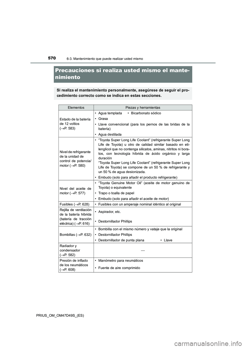 TOYOTA PRIUS 2019 Manual del propietario (in Spanish) 5706-3. Mantenimiento que puede realizar usted mismo
PRIUS_OM_OM47D49S_(ES)
Precauciones si realiza usted mismo el mante-
nimiento
Si realiza el mantenimiento personalmente, asegúrese de seguir el pr TOYOTA PRIUS 2019 Manual del propietario (in Spanish) 5706-3. Mantenimiento que puede realizar usted mismo
PRIUS_OM_OM47D49S_(ES)
Precauciones si realiza usted mismo el mante-
nimiento
Si realiza el mantenimiento personalmente, asegúrese de seguir el pr