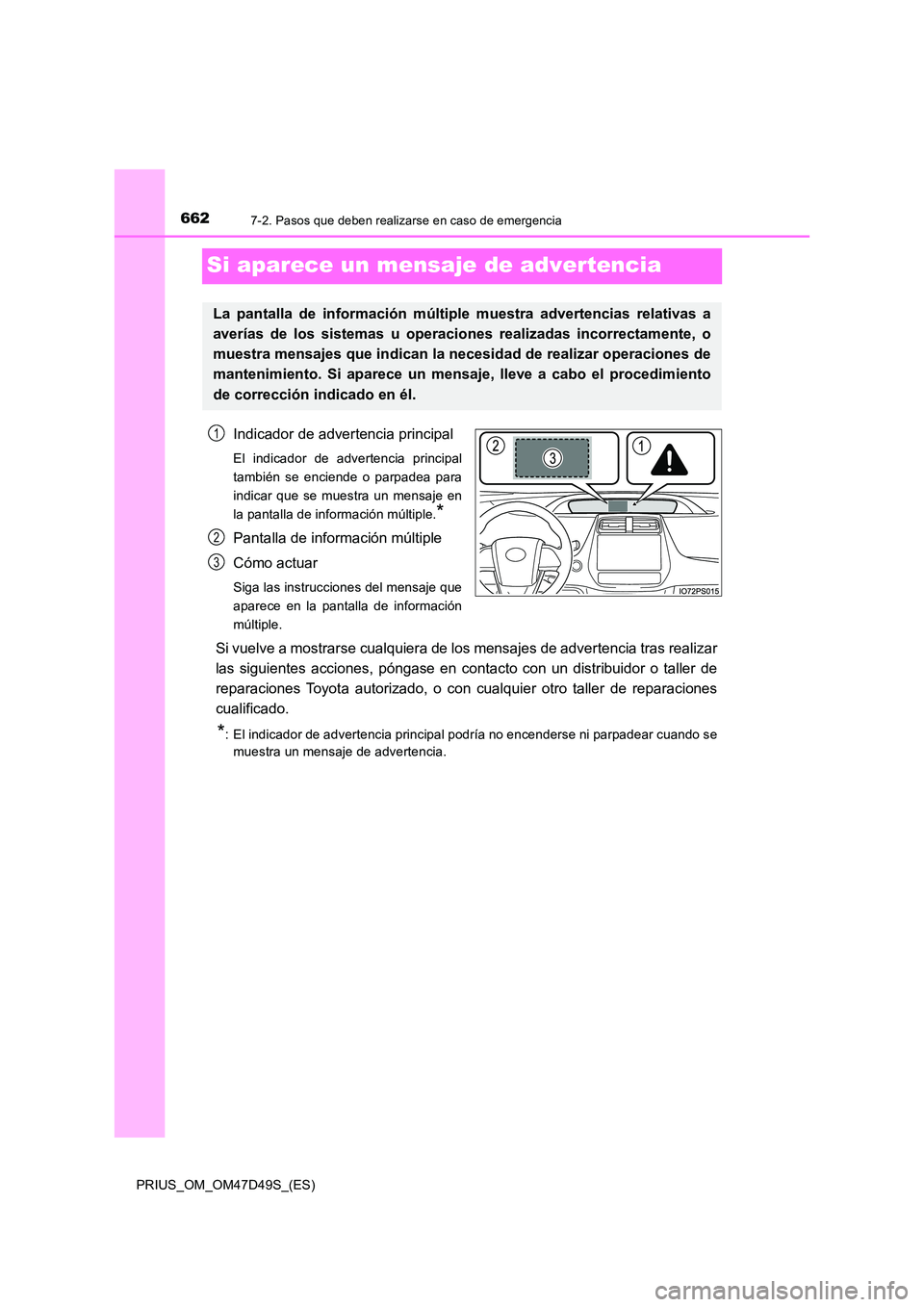 TOYOTA PRIUS 2019  Manual del propietario (in Spanish) 6627-2. Pasos que deben realizarse en caso de emergencia
PRIUS_OM_OM47D49S_(ES)
Si aparece un mensaje de advertencia
Indicador de advertencia principal
El indicador de advertencia principal 
también 
