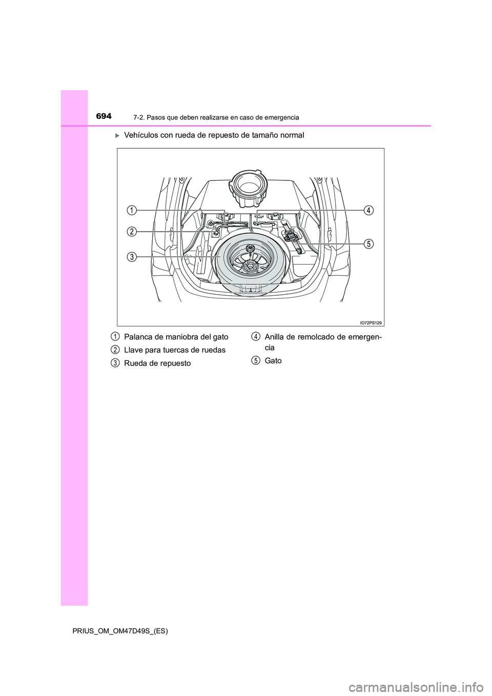 TOYOTA PRIUS 2019  Manual del propietario (in Spanish) 6947-2. Pasos que deben realizarse en caso de emergencia
PRIUS_OM_OM47D49S_(ES)
Vehículos con rueda de repuesto de tamaño normal
Palanca de maniobra del gato 
Llave para tuercas de ruedas
Rueda d