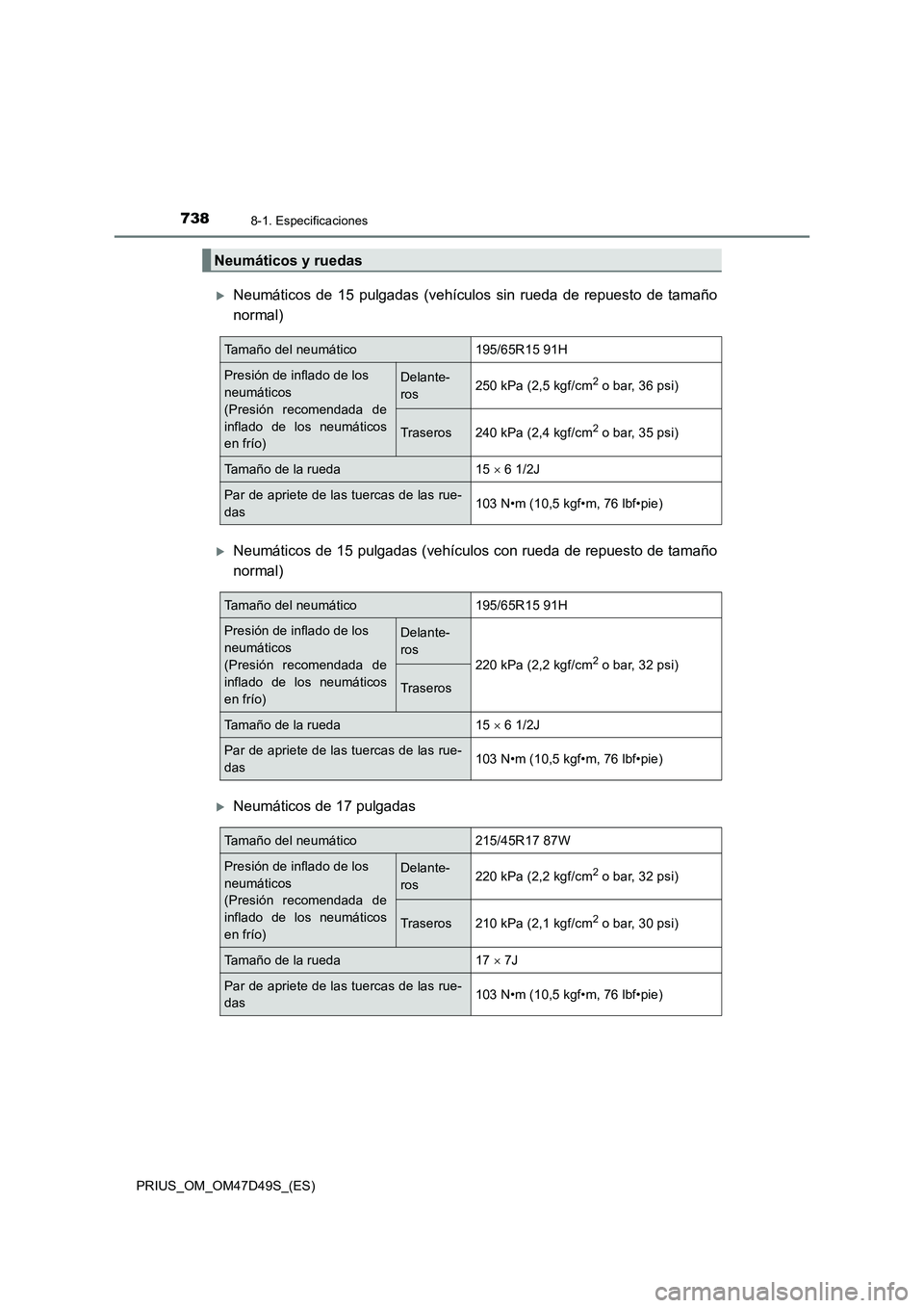 TOYOTA PRIUS 2019 Manual del propietario (in Spanish) 7388-1. Especificaciones
PRIUS_OM_OM47D49S_(ES)
Neumáticos de 15 pulgadas (vehículos sin rueda de repuesto de tamaño
normal)
Neumáticos de 15 pulgadas (vehículos con rueda de repuesto de ta TOYOTA PRIUS 2019 Manual del propietario (in Spanish) 7388-1. Especificaciones
PRIUS_OM_OM47D49S_(ES)
Neumáticos de 15 pulgadas (vehículos sin rueda de repuesto de tamaño
normal)
Neumáticos de 15 pulgadas (vehículos con rueda de repuesto de ta