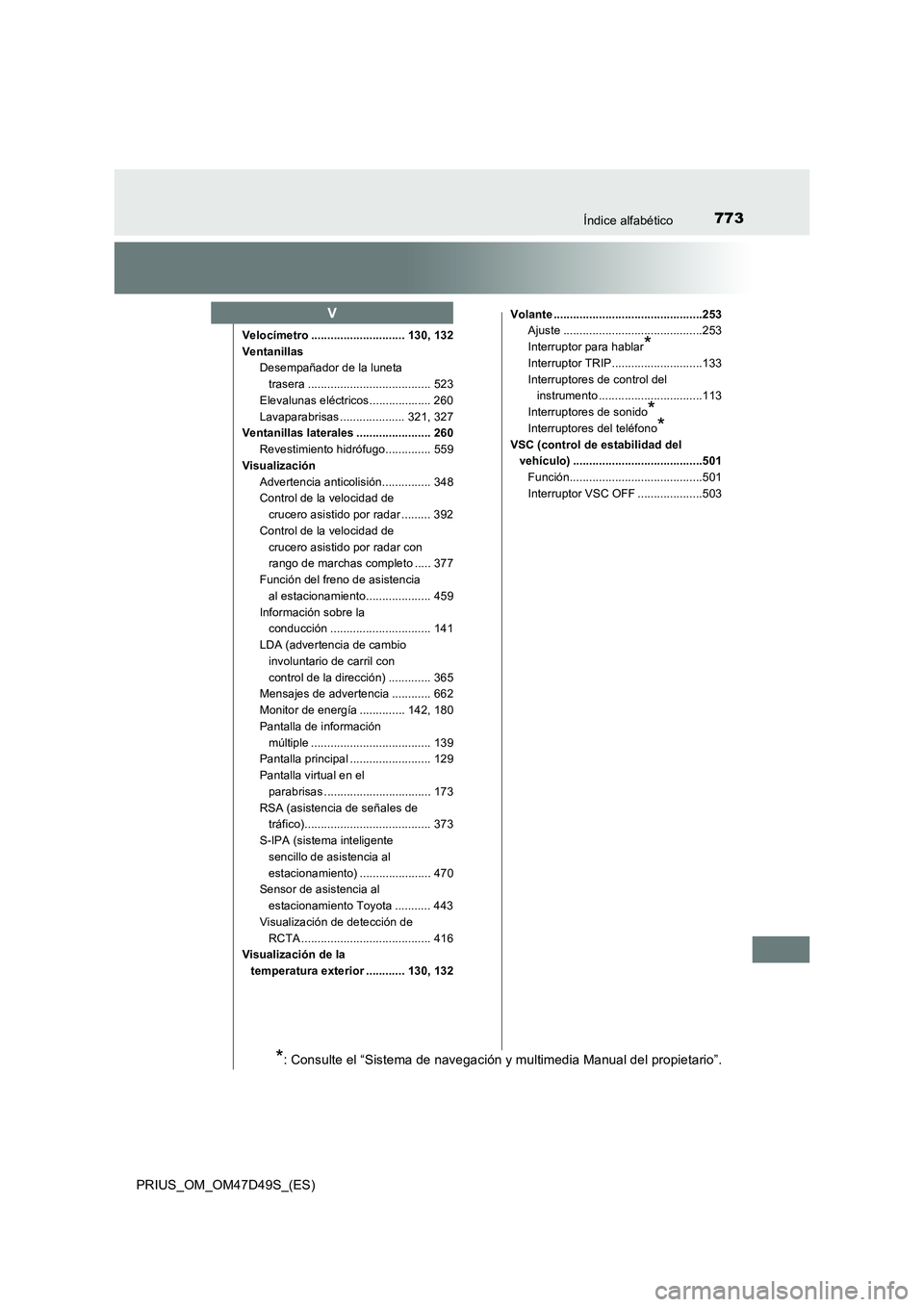 TOYOTA PRIUS 2019 Manual del propietario (in Spanish) 773Índice alfabético
PRIUS_OM_OM47D49S_(ES)
Velocímetro ............................. 130, 132
Ventanillas
Desempañador de la luneta
trasera ...................................... 523
Elevalunas TOYOTA PRIUS 2019 Manual del propietario (in Spanish) 773Índice alfabético
PRIUS_OM_OM47D49S_(ES)
Velocímetro ............................. 130, 132
Ventanillas
Desempañador de la luneta
trasera ...................................... 523
Elevalunas