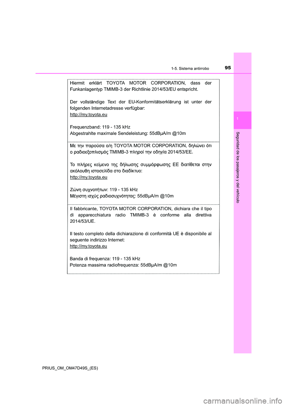 TOYOTA PRIUS 2019  Manual del propietario (in Spanish) 951-5. Sistema antirrobo
1
PRIUS_OM_OM47D49S_(ES)
Seguridad de los pasajeros y del vehículo 