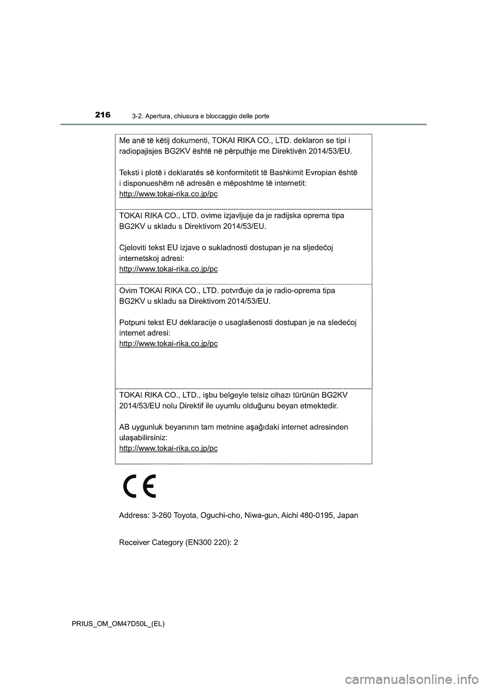 TOYOTA PRIUS 2019  Manuale duso (in Italian) 2163-2. Apertura, chiusura e bloccaggio delle porte
PRIUS_OM_OM47D50L_(EL) 