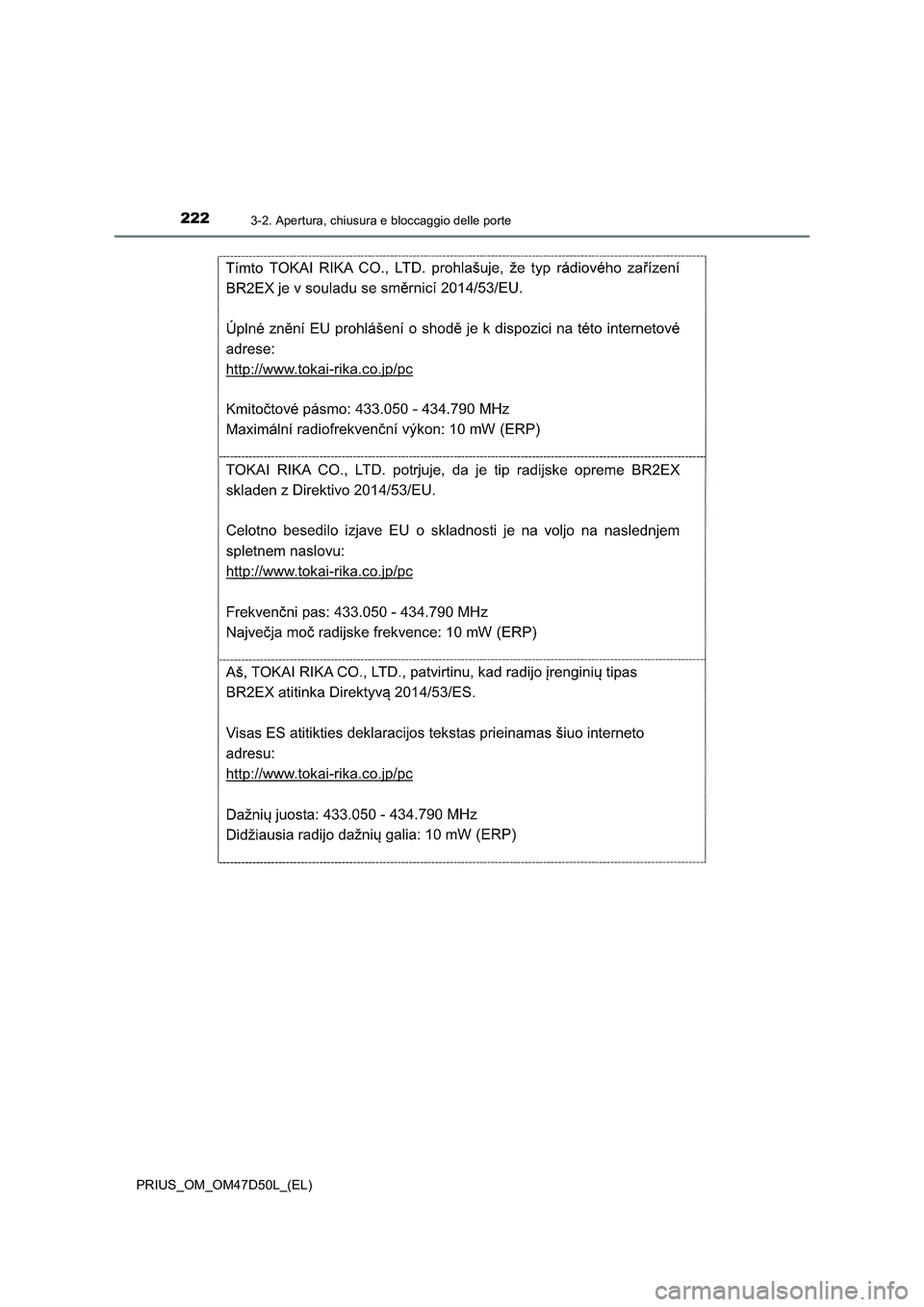 TOYOTA PRIUS 2019  Manuale duso (in Italian) 2223-2. Apertura, chiusura e bloccaggio delle porte
PRIUS_OM_OM47D50L_(EL) 