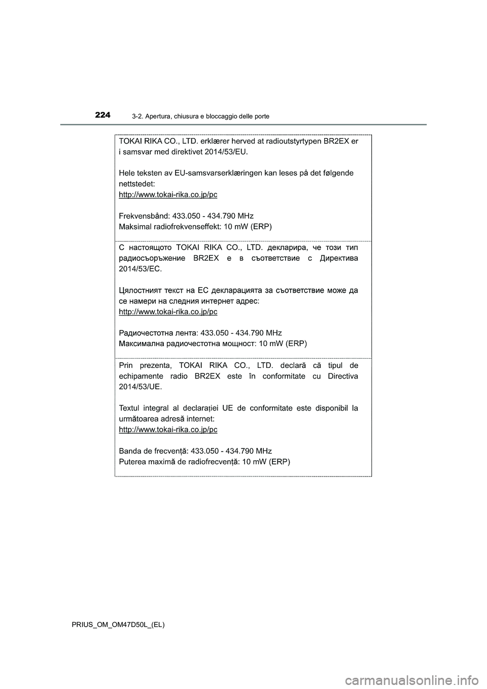 TOYOTA PRIUS 2019  Manuale duso (in Italian) 2243-2. Apertura, chiusura e bloccaggio delle porte
PRIUS_OM_OM47D50L_(EL) 