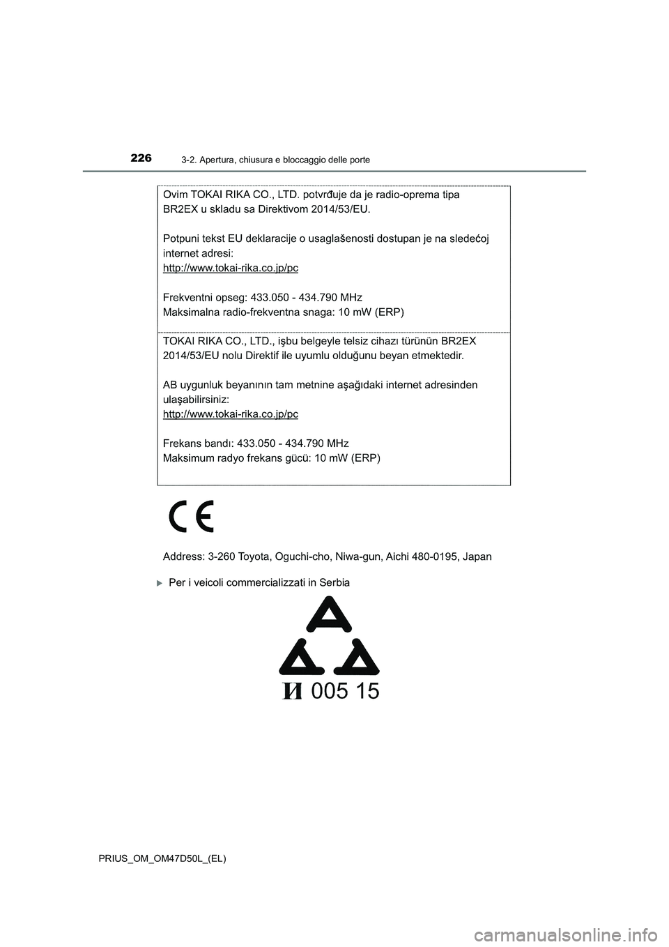 TOYOTA PRIUS 2019  Manuale duso (in Italian) 2263-2. Apertura, chiusura e bloccaggio delle porte
PRIUS_OM_OM47D50L_(EL)
Per i veicoli commercializzati in Serbia 