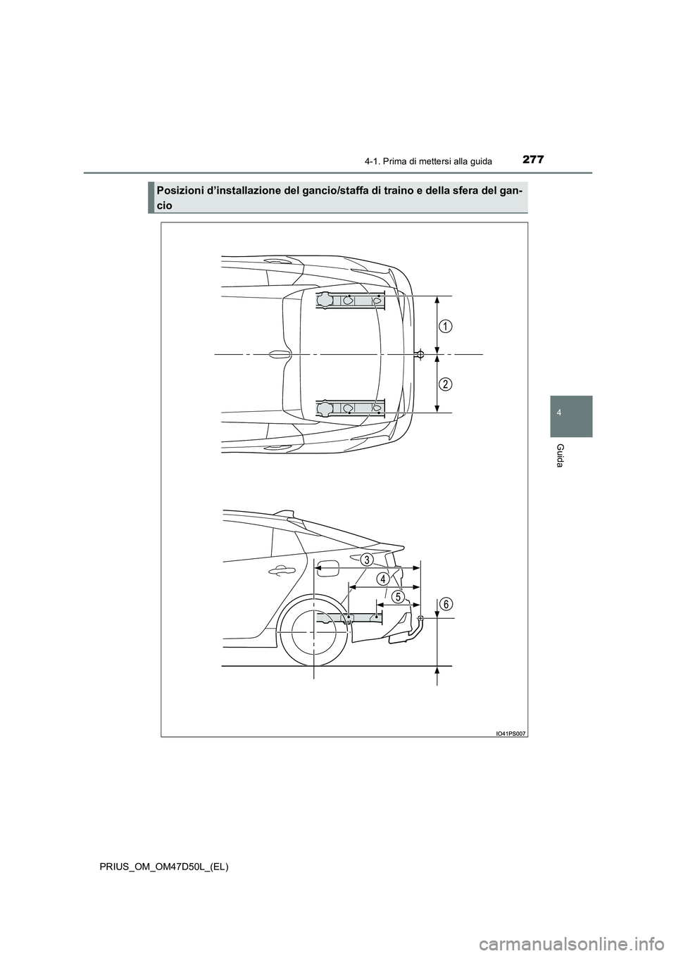 TOYOTA PRIUS 2019  Manuale duso (in Italian) 2774-1. Prima di mettersi alla guida
4
Guida
PRIUS_OM_OM47D50L_(EL)
Posizioni d’installazione del gancio/staffa di traino e della sfera del gan-
cio 