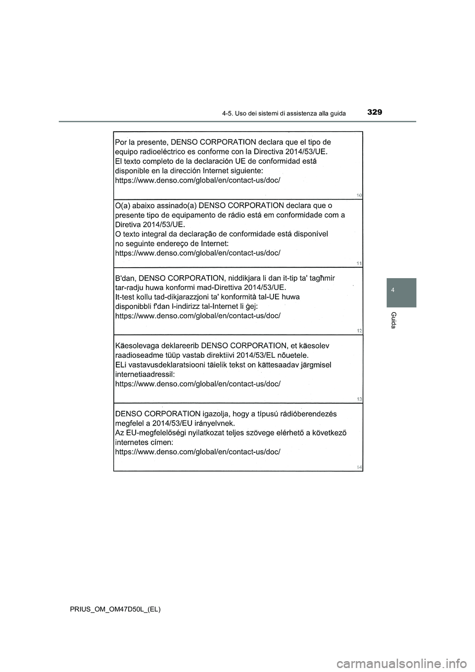 TOYOTA PRIUS 2019  Manuale duso (in Italian) 3294-5. Uso dei sistemi di assistenza alla guida
4
Guida
PRIUS_OM_OM47D50L_(EL) 